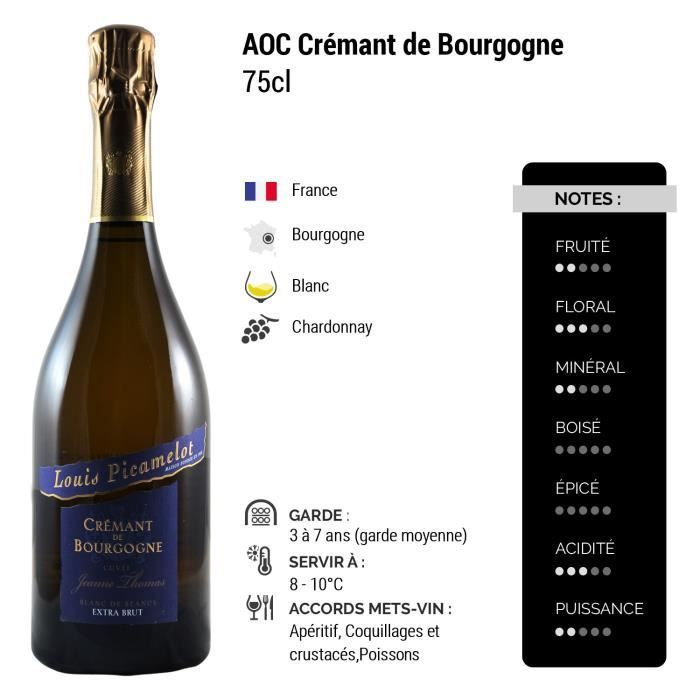 Crémant de Bourgogne Blanc de Blancs Jeanne Thomas Brut Blanc - Lot de 6x75cl - Louis Picamelot - Vin effervescent AOC Blanc de