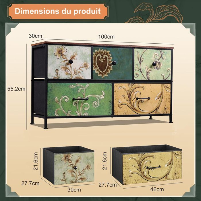 Commode de chambre, 5 tiroirs, Pieds réglables, motif floral, Style artistique rétro, 100 x 30 x 55 cm, Multicolore