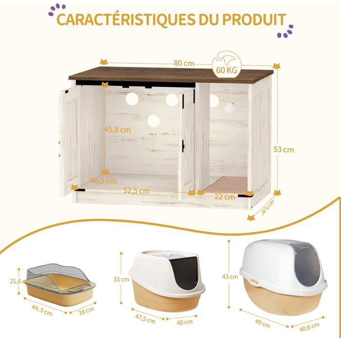 Arenero para gatos, unidad de arenero oculta con cascabel, casita para gatos de interior, color marrón rústico y blanco.