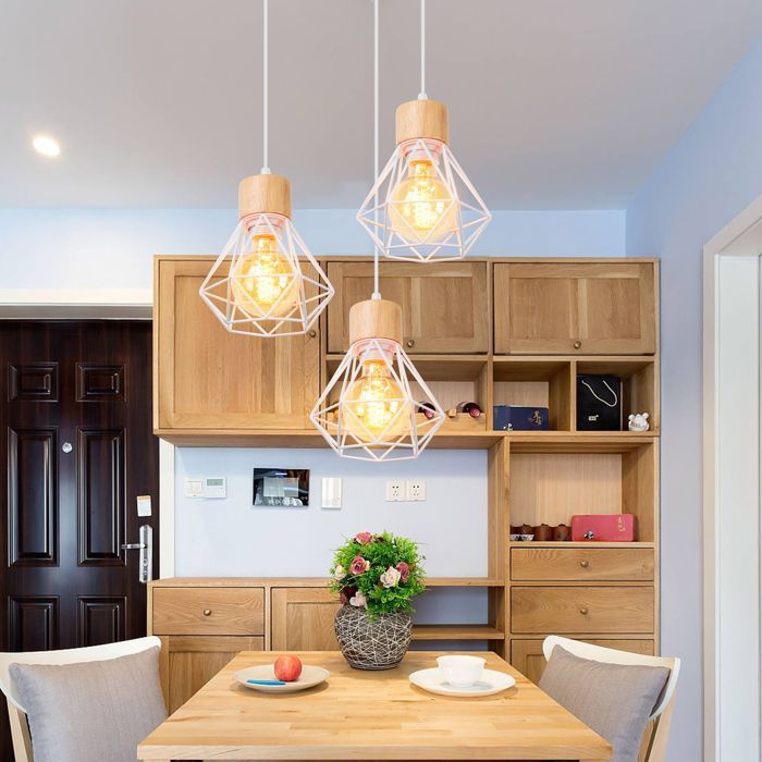 SNOGOLD Vintage hanglamp met 3 lampen (E27 fitting) van metaal en hout, geschikt voor woonkamer en slaapkamer, wit