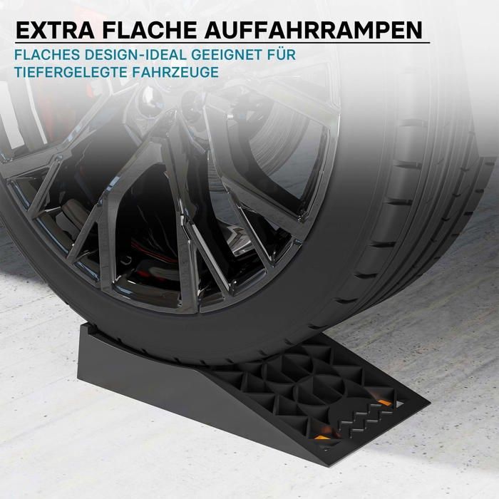Juego de 2 rampas de acceso extra planas para coches Wiltec – 430 x 235 x 80 mm – Fabricadas en PP resistente – Capacidad máxima 3 t – Calzos para ruedas de vehículos