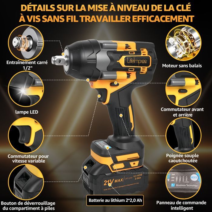 Llave de impacto inalámbrica LIFEIMPREE MLW003 - 1000 Nm - Motor sin escobillas - 2 baterías de 2 Ah