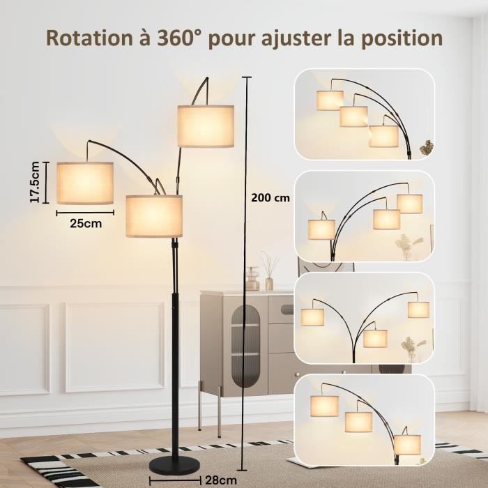 Lampadaire sur pied salon 2m avec 3 abat-jours, variateur, E27 base, lampadaire à intensité variable, noir