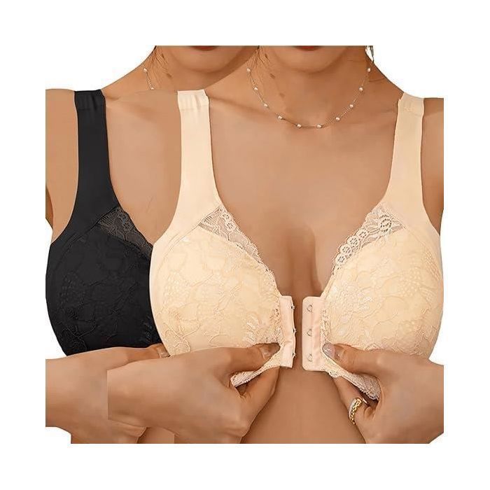 2PCS Soutien Gorge Ouvert Devant sans Armature Soutiens-Gorge de Sport Femme Sports Bra Lace Quotidien pour Yoga Sport noir+beige