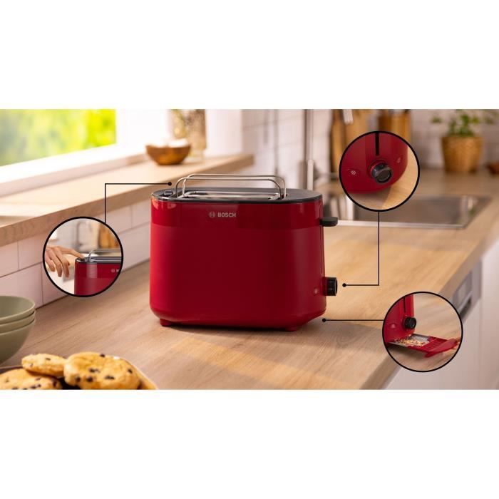 Tostadora - BOSCH - TAT2M124 MyMoment - Roja - 2 rebanadas - centrado automático del pan - funciones de descongelación y recalentamiento