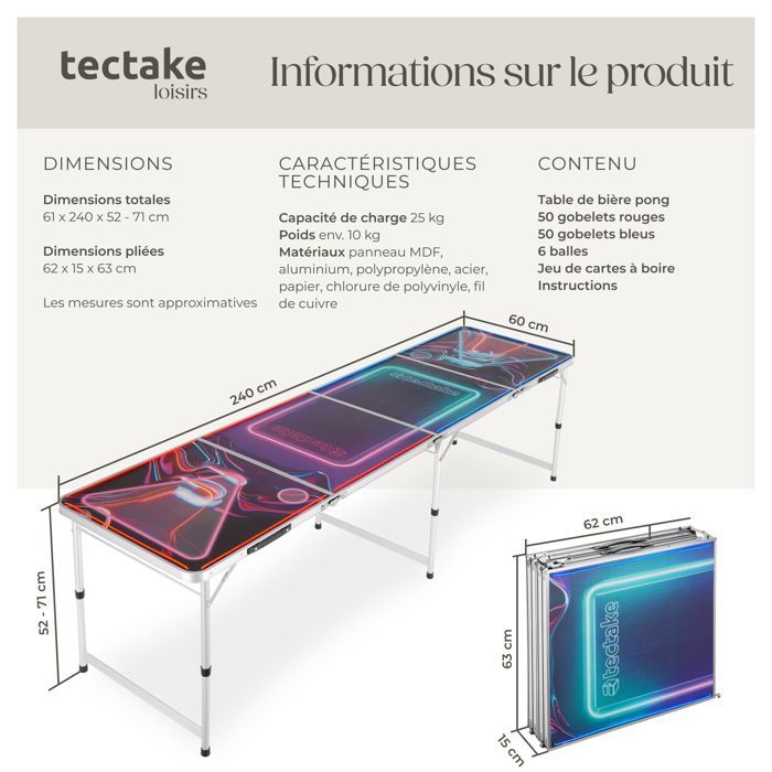 Mesa de beer pong - TECTAKE - BEER WARS I Mesa con iluminación LED, fabricada en aluminio, con 100 vasos, 6 pelotas y una baraja de cartas.