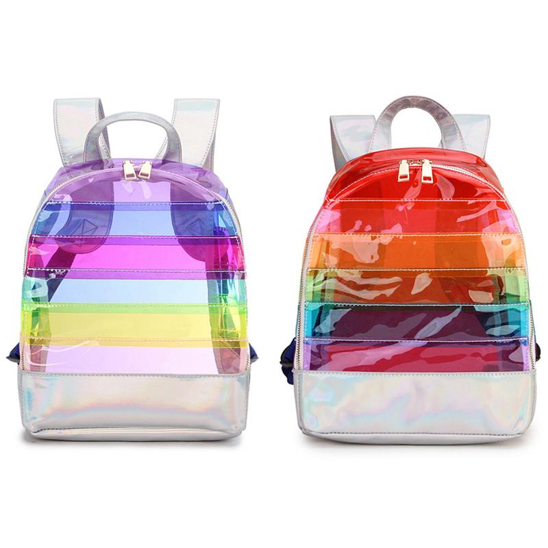 Sac à dos à rayures colorées en plastique transparent, sac de voyage pour femme
