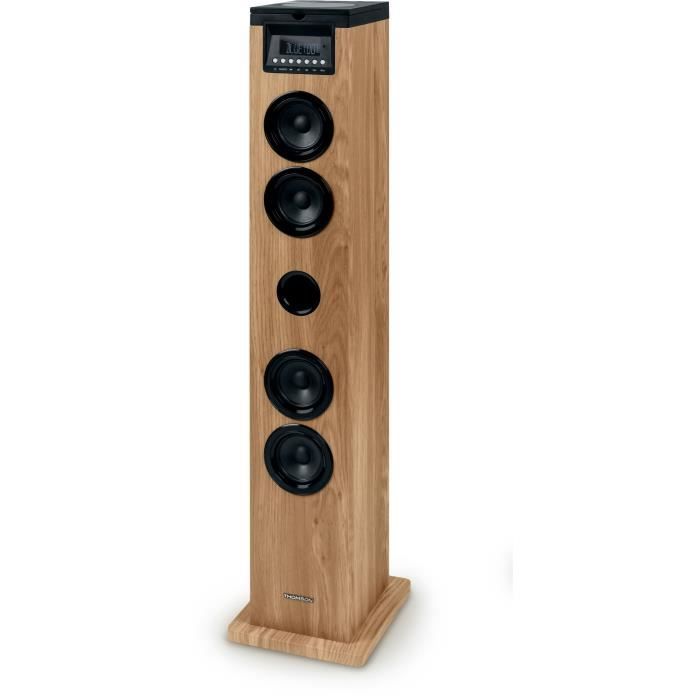 Altavoz de torre THOMSON - Negro/Madera - Bluetooth/CD/USB/SD, 60W, Radio FM, Control remoto, Fuente de alimentación de 230V