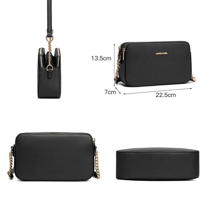 David Jones - Small Women's Crossbody Bag - Shoulder Bag with Chain Strap, PU Leather, 3 Compartments - Multi-Pocket Bag - Black
