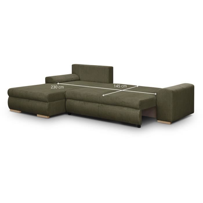 Canapé d'angle convertible - 5 places - INDIAN - Tissu velours côtelé Vert kaki - Coffre de rangement - 289 x 94/188 x 88 cm