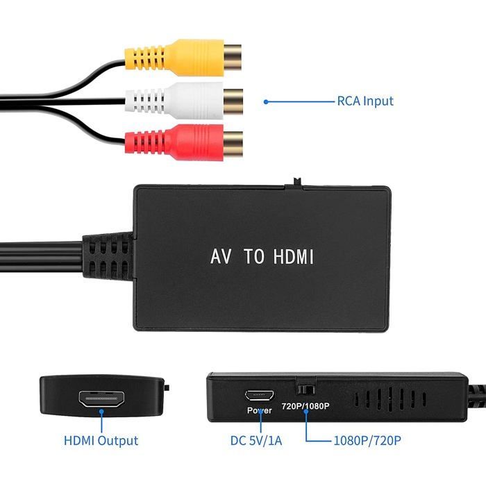 Convertisseur RCA vers HDMI avec Câbles HDMI, Adaptateur AV vers HDMI Full HD 720P/1080P Vidéo Audio Convertisseur