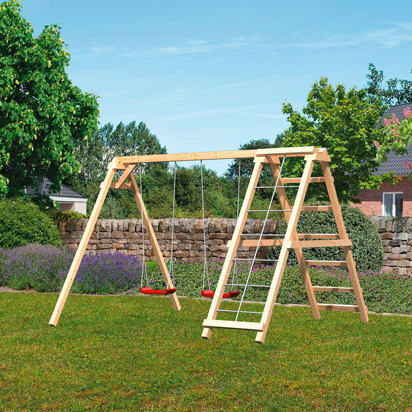 Felix double swing set with climbing frame and net ramp
