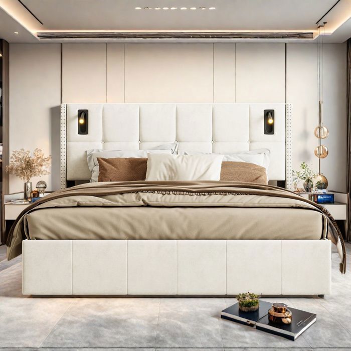 Letto 140x190 cm - DRELYGWEA - Velluto beige - Rete a doghe - Contenitore integrato - Design moderno