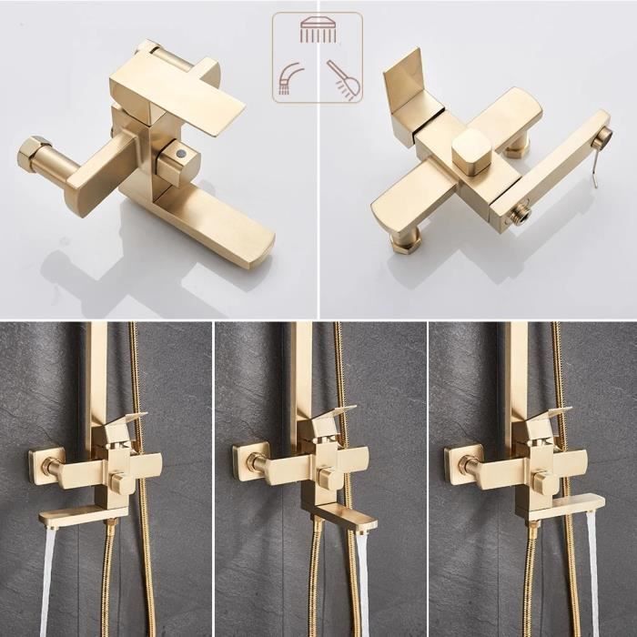 Columna de ducha JULLYBATHEVY - 3 funciones - Cabezal de ducha de 20x20 cm - Altura ajustable de 80 a 120 cm - Oro cepillado