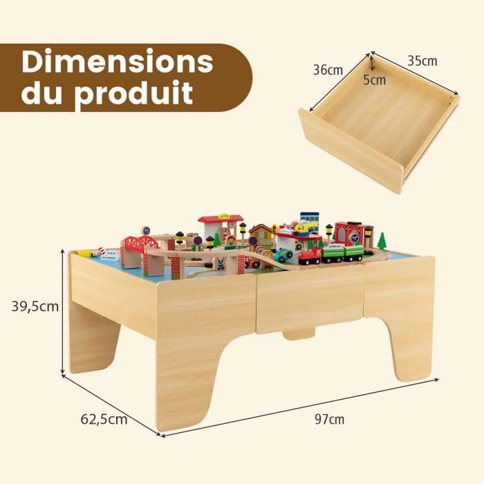 COSTWAY Circuit Voiture Enfant - 84 Accessoires avec Table, Plateau Réversible 2 en 1, Tiroir Coulissant, Train en Bois pour 3 Ans+