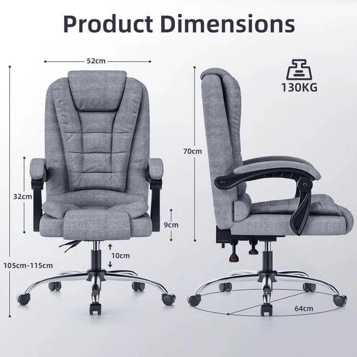 Silla de oficina BIGZZIA, sillón con asiento ancho acolchado, asiento ergonómico de tela de lino, altura ajustable 10 cm, gris.