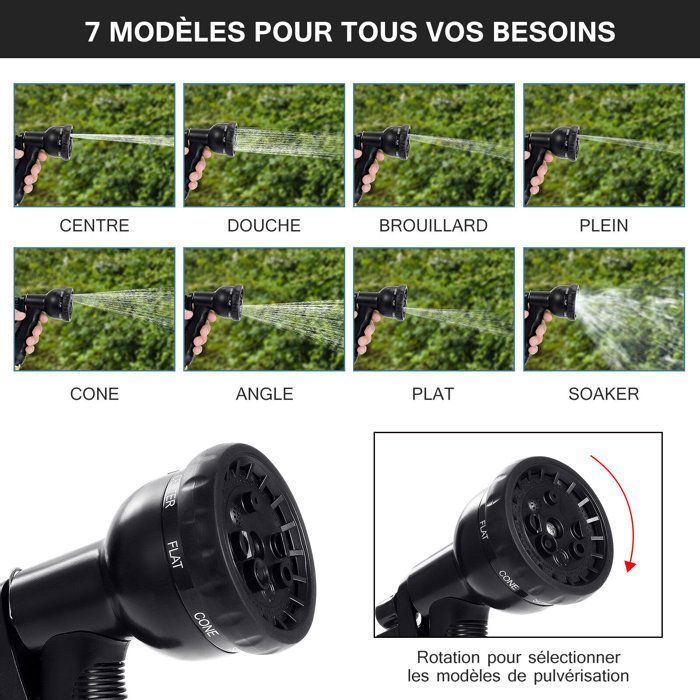 Tuyau d'Arrosage Extensible 30M/100FT, Tuyau Arrosage Flexible avec Pistolet pour Jardin, 7 Modèles, Noir