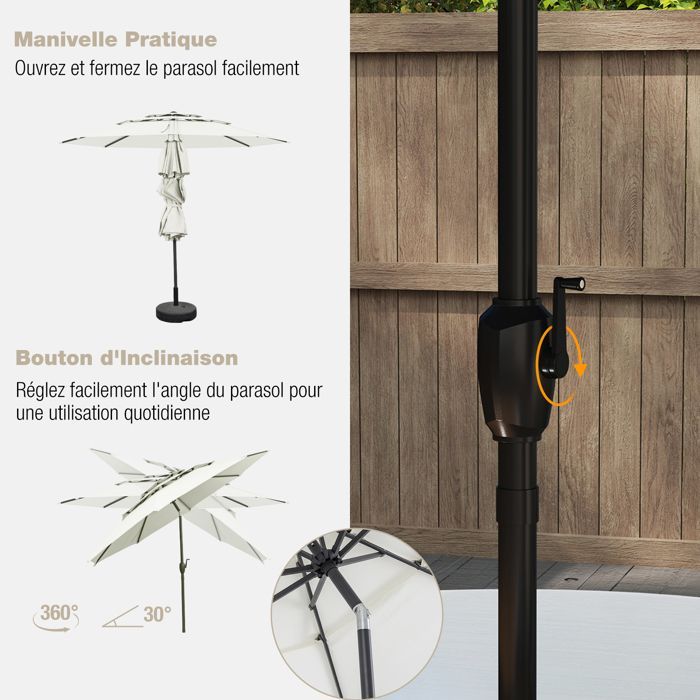 Parasol de Terrasse Ventilé à 3 Niveaux de 300 cm - COSTWAY - Inclinaison à Bouton-Poussoir - Manivelle - 8 Baleines Robustes - Blan