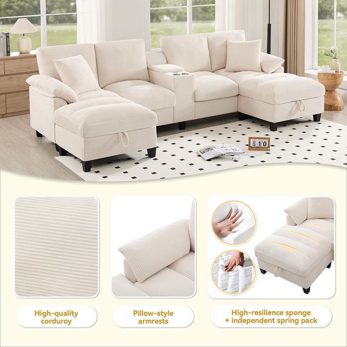 U-vormige hoekbank - 4-zitsbank - USB-poort - Opbergruimte - Roestvrijstalen bekerhouders - Beige corduroy