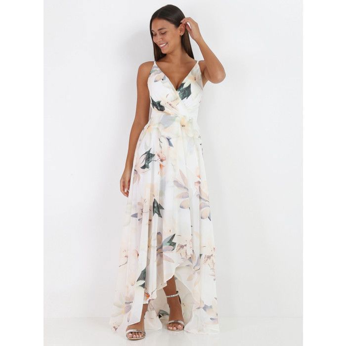 Vestido largo cruzado con bajo con volantes y estampado floral XXL. Tirantes ajustables y copas con buen soporte. Para mujer - Vestidos -
