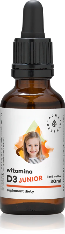 Aura Herbals Vitamine D3 800 IE Junior voedingssupplementdruppels ter ondersteuning van het immuunsysteem.