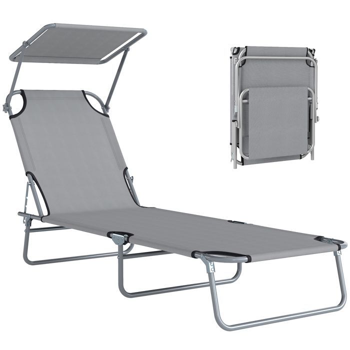 Lettino prendisole - Outsunny - pieghevole - schienale reclinabile in più posizioni - parasole regolabile - 187 x 58 x 36 cm - grigio chiaro