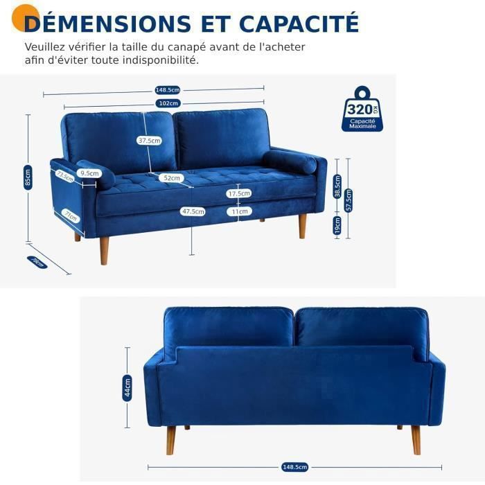 Canapé 2 Places en Velours Bleu 148 x 78 x 85 cm,Canapé Scandinave avec 2 coussins pour le salon,Fauteuil Capitonné,Pieds en bois