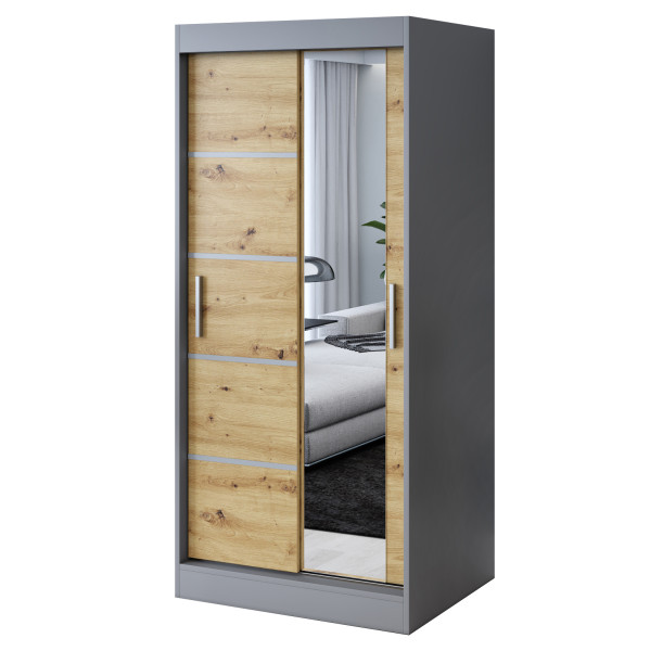 Szafa przesuwna 1x Lustro 90x200 Pepe, Antracyt mat / Dąb Artisan