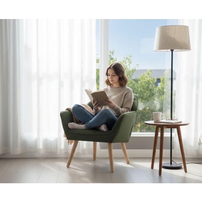 Wahson moderne fauteuil voor de woonkamer, Scandinavische stijl fauteuil met houten poten, comfortabele designfauteuil met linnen bekleding, groen