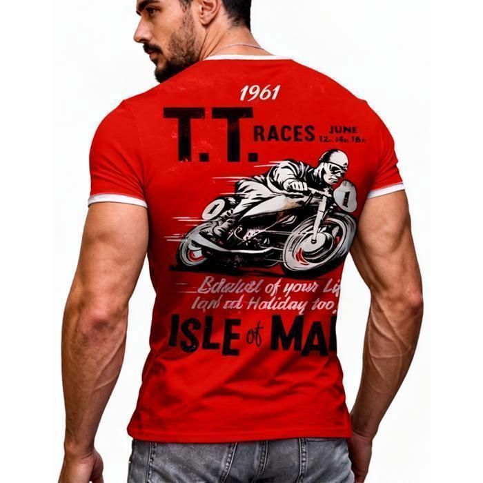 Men's T-shirt, printed biker t-shirt, casual crew neck t-shirt - Red
