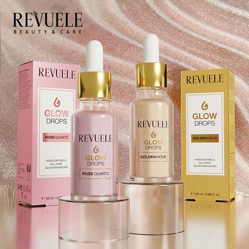 „Revuele Glow Drops“ rožinio kvarco spindesio suteikiantis serumas kūnui ir veidui