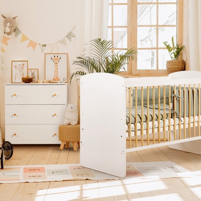 KAROLINA II Babybedje Set 120x60 en Commode met 3 Laden Wit / Grenen