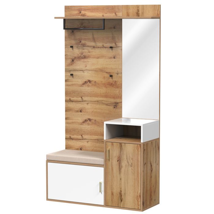 Ensemble vestiaire d'entrée 105x40x190cm - Porte manteau + banc à chaussures + miroir - Blanc+Naturel