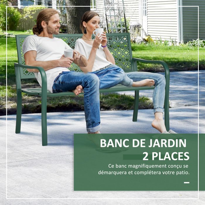 Garden bench - Outsunny - made of steel - with floral patterned backrest, armrests - for 2 people - max. load 240 kg - dark green
