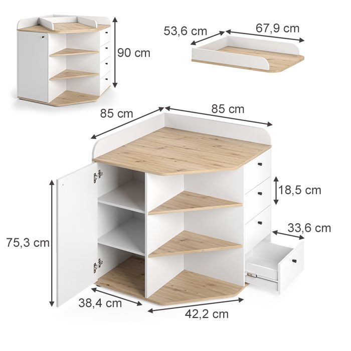 Commode à langer Aria 85x90cm avec étagères et tiroirs Blanc Vicco 59339