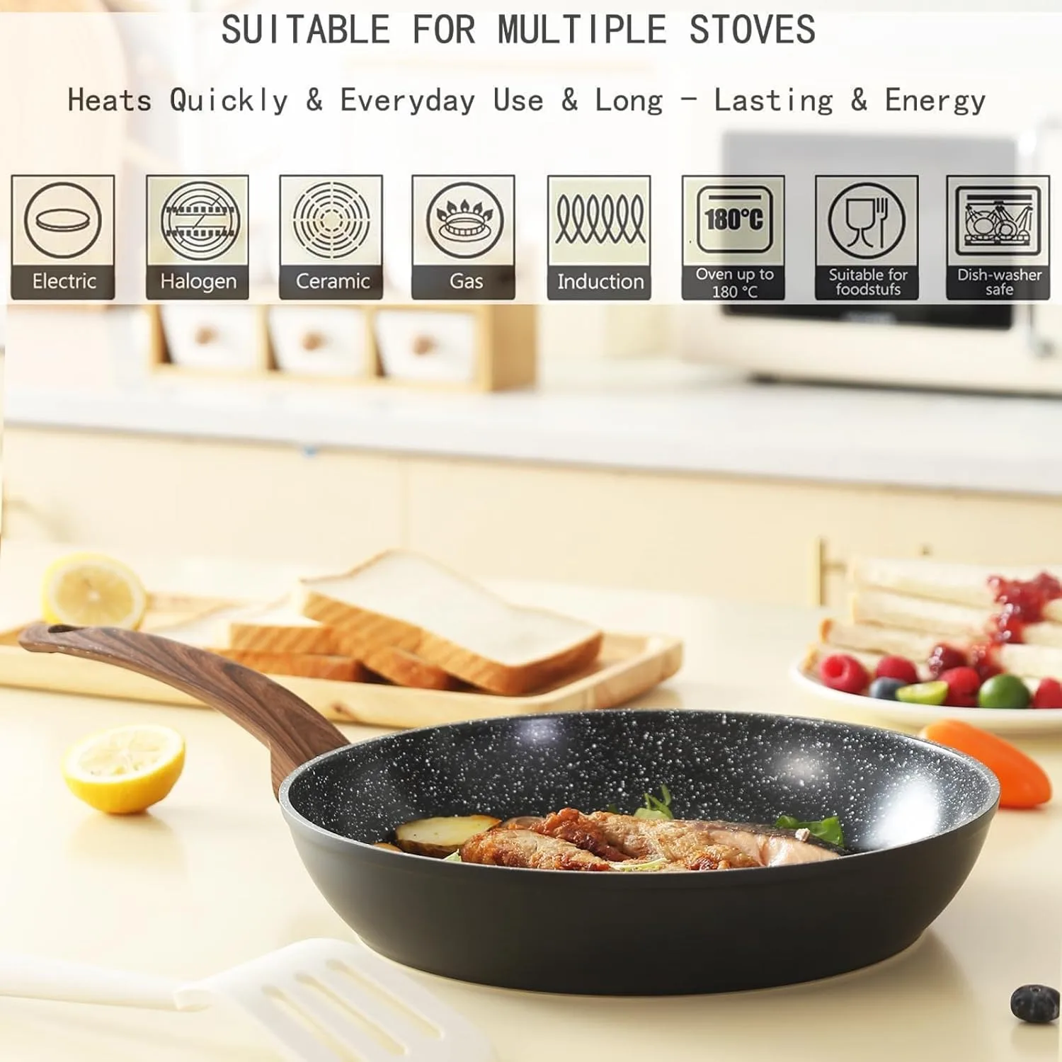 Ensemble de casseroles et poêles antiadhésives, batterie de cuisine en céramique avec motif granit, compatible induction.