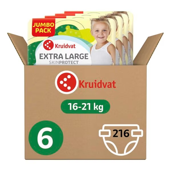 Kruidvat Ekstra velike pelene veličine 6, zapreminska kutija, veličina 6 (16-21 kg), 216 komada