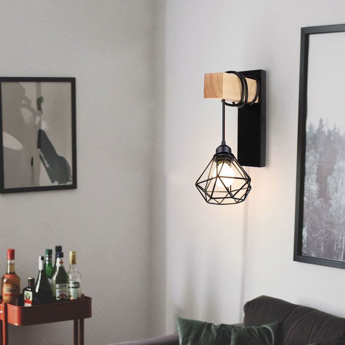 Applique Murale Intérieur Industrielle Vintage Loft COUNT, 2pcs Rétro Applique Cage en Métal Noir et Bois Pour Salon Bar Café
