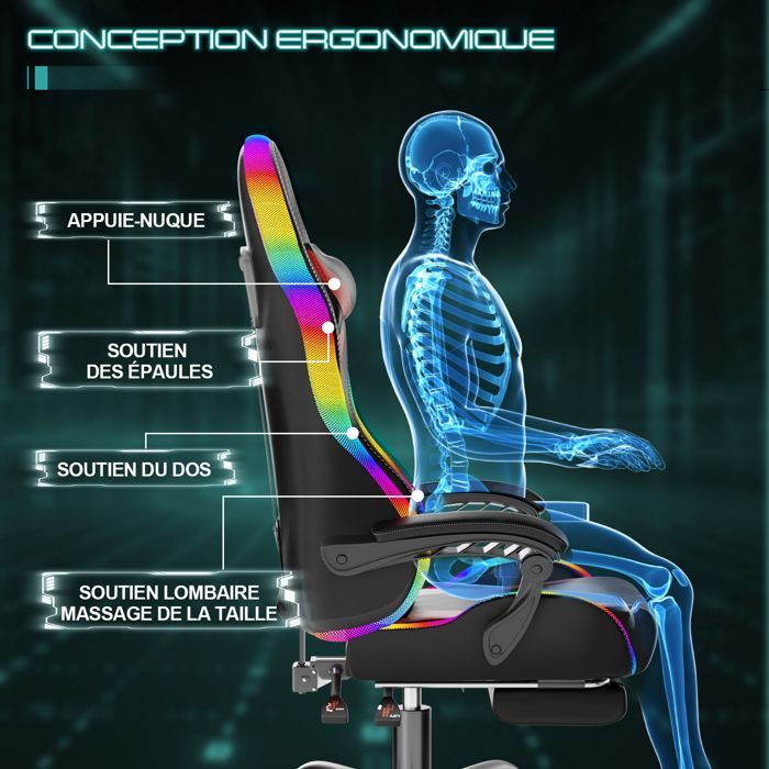 Sedia da gaming ergonomica con LED RGB, massaggio lombare e poggiapiedi – Sedia da gaming con poggiatesta regolabile – 180 kg, rossa