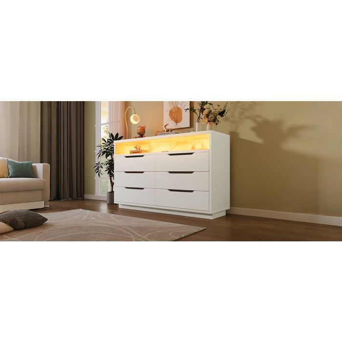 EVRYAE Sideboard mit 6 Schubladen und LED-Beleuchtung, 120 x 40 x 85 cm, Weiß