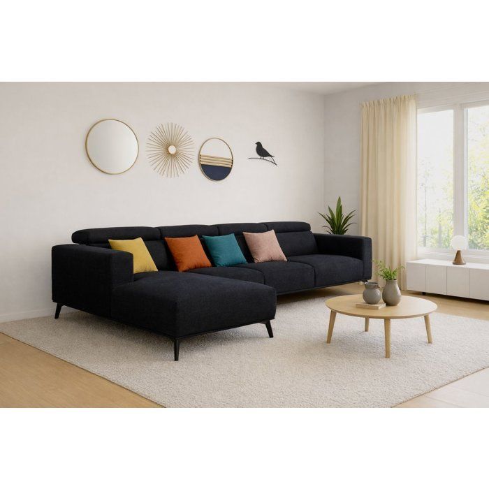 Sofá esquinero modular - 4 plazas - LEONIE - Tapizado negro - Reposacabezas ajustables - 357 x 175 x 75 cm