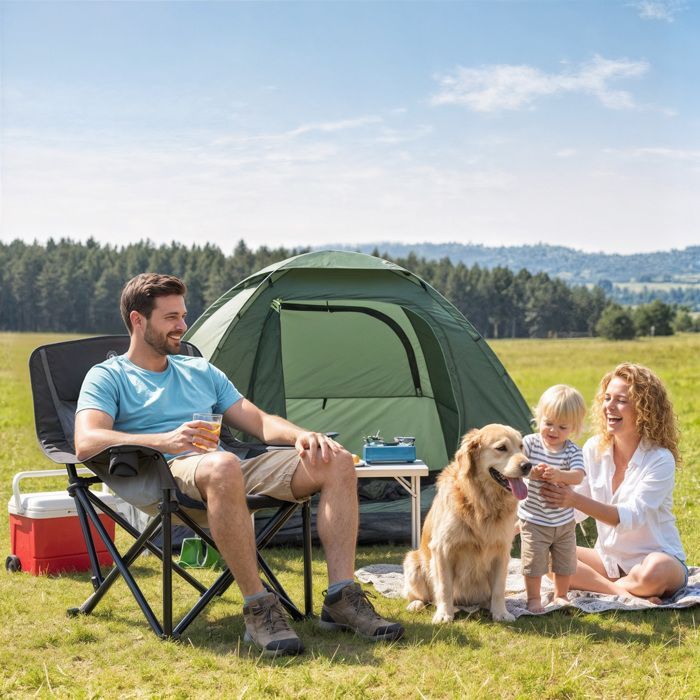 Campingstoel - Outsunny - draagbaar en opvouwbaar - zijvakken, bekerhouders en draagtas - zwart