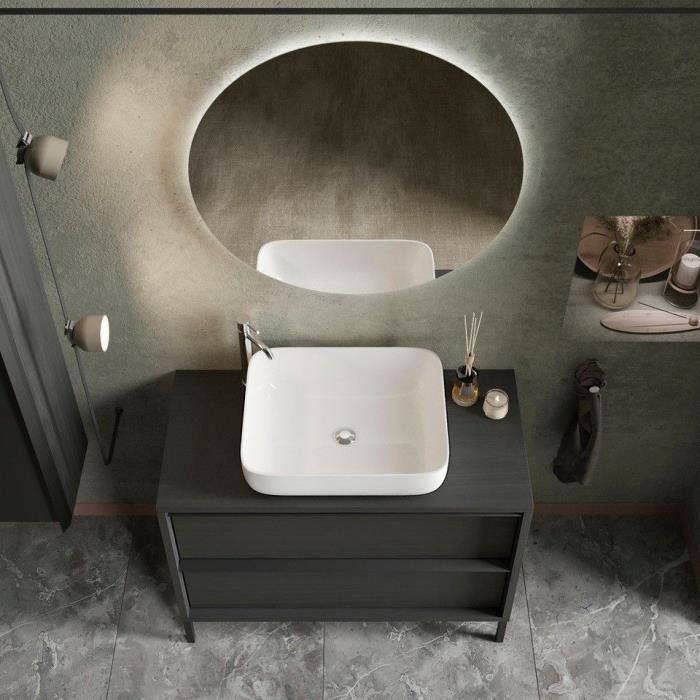 Mueble de baño con lavabo individual, 92 cm de ancho - 2 cajones - Acabado en roble negro - ACERO