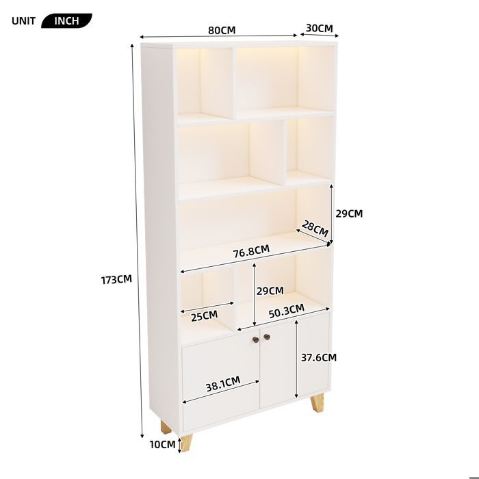 Librería LED blanca de 173 cm con puertas y 7 estantes, mueble de almacenamiento moderno con patas de madera maciza.