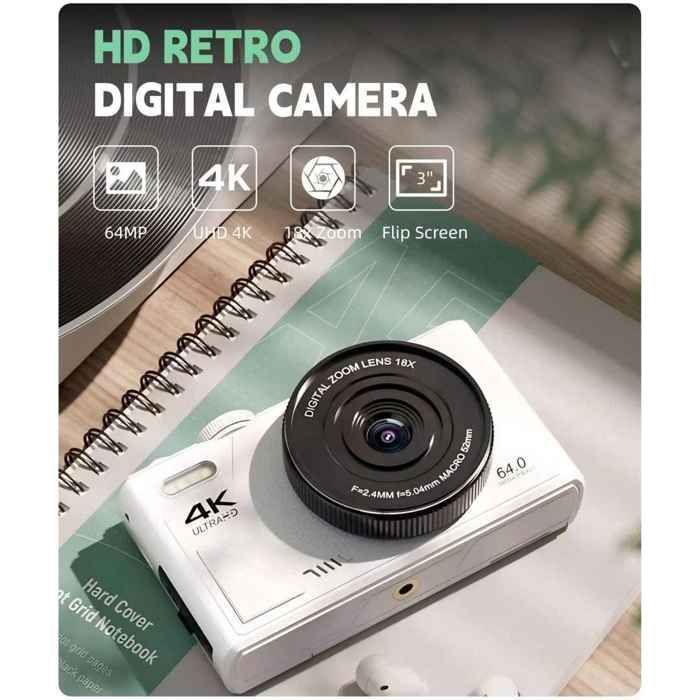 Fotocamera digitale, 4K, zoom 18x, sensore da 64 megapixel, schermo orientabile, funzione timer, scatto continuo, bianca