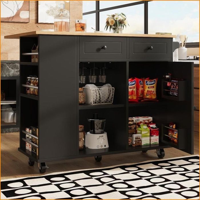 Kitchen Island & Multifunctional Cart - Wine Glass Storage, Snacks, Adjustable Dividers - Black