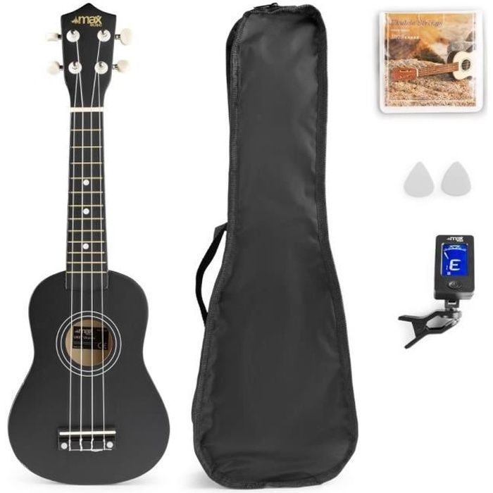 Max UKEY - Pack de ukelele y accesorios - Negro, cuerdas de nailon, con afinador digital, 2 púas