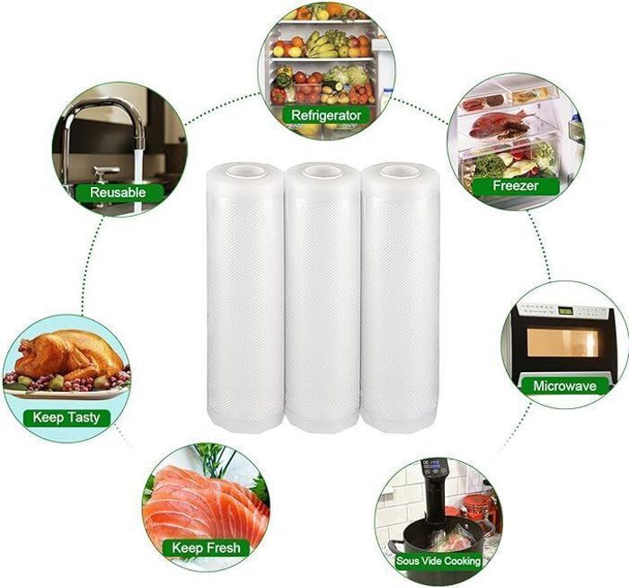 Bolsas para envasar al vacío alimentos - Rollo de film para envasar al vacío alimentos - Paquetes de 6 unidades de 28x500cm y 20x500cm - para conservar alimentos