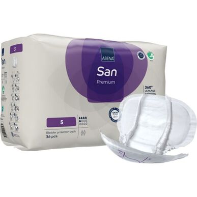 Abena San Premium 360 -vuotosuojat, 5 inkontinenssisidosta, anatominen muoto, 36 kpl.