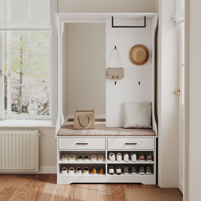 Entryway Locker - Multifunctional - Integrated Mirror - 4 Hooks - Shoe Compartment